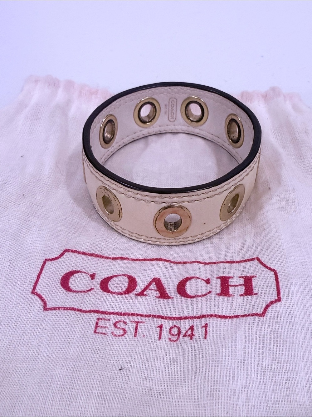 Coach Ivory Leather Grommet Bangle with Gold-Tone Accents